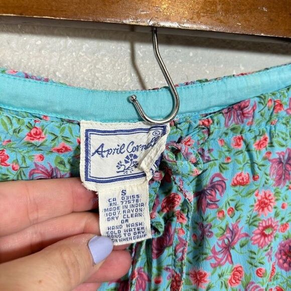 VTG 90s April Cornell Floral Pants S Blue 100% Rayon Cottagecore Straight Leg - Picture 7 of 7